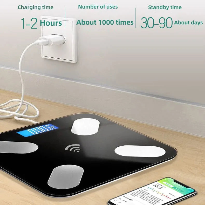 Premium Smart Digital Body Weight Scale – Wireless Fat Analyzer with Smartphone App, Tempered Glass Design, Available in Black, Pink, White, Compact 26x26cm Size, Ideal for Home Use