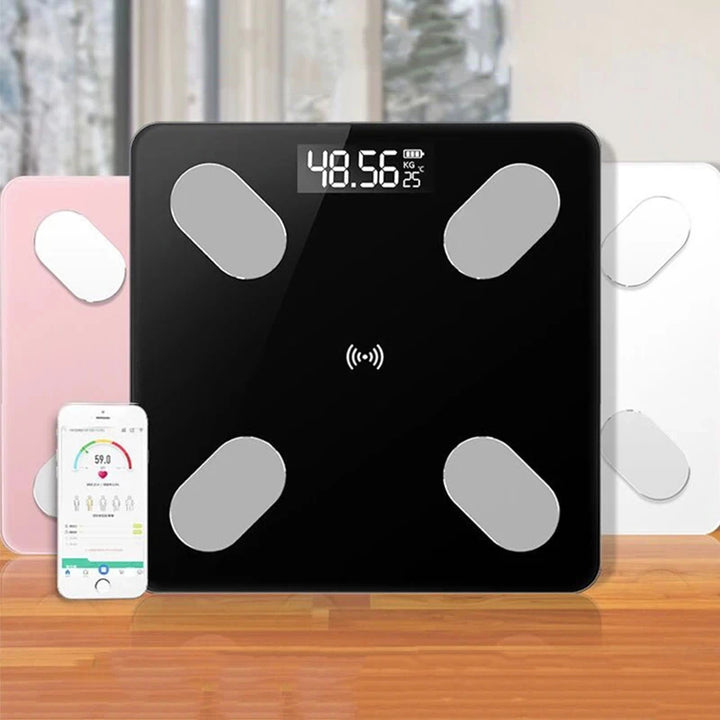Premium Smart Digital Body Weight Scale – Wireless Fat Analyzer with Smartphone App, Tempered Glass Design, Available in Black, Pink, White, Compact 26x26cm Size, Ideal for Home Use