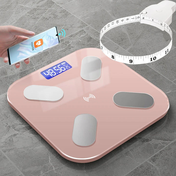 Premium Smart Digital Body Weight Scale – Wireless Fat Analyzer with Smartphone App, Tempered Glass Design, Available in Black, Pink, White, Compact 26x26cm Size, Ideal for Home Use