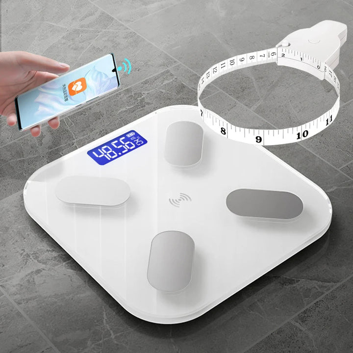 Premium Smart Digital Body Weight Scale – Wireless Fat Analyzer with Smartphone App, Tempered Glass Design, Available in Black, Pink, White, Compact 26x26cm Size, Ideal for Home Use