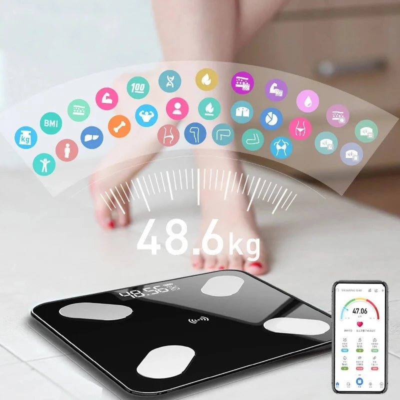 Premium Smart Digital Body Weight Scale – Wireless Fat Analyzer with Smartphone App, Tempered Glass Design, Available in Black, Pink, White, Compact 26x26cm Size, Ideal for Home Use