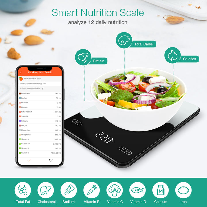 Premium Smart Digital Food Scale 10kg – Nutrition Calculator App, Rechargeable Kitchen Scale for Weight Loss, Baking, and Cooking, High Precision 1g, LED Display, Multi-Unit Mode, Type-C Charging, Tare Function