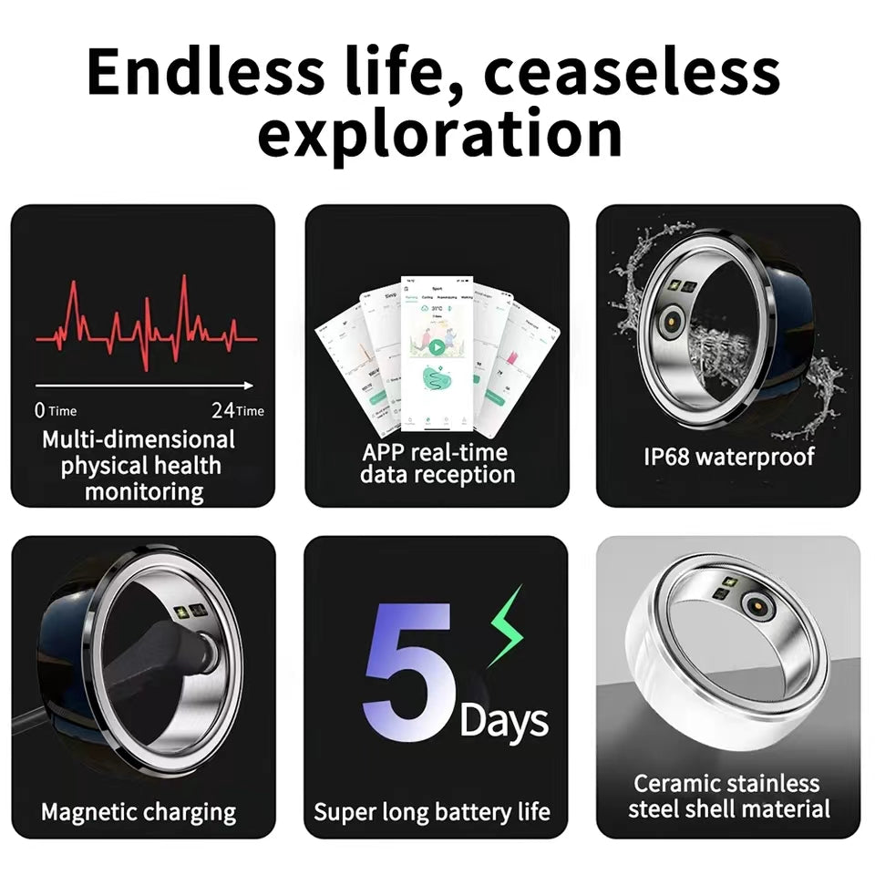 Premium Smart Fitness Ring with Charging Case - Heart Rate, Sleep & Health Monitoring, Blood Oxygen Detection, IPX8 Waterproof, Multi-Sport Modes, 7-Day Battery Life, and Remote Photography