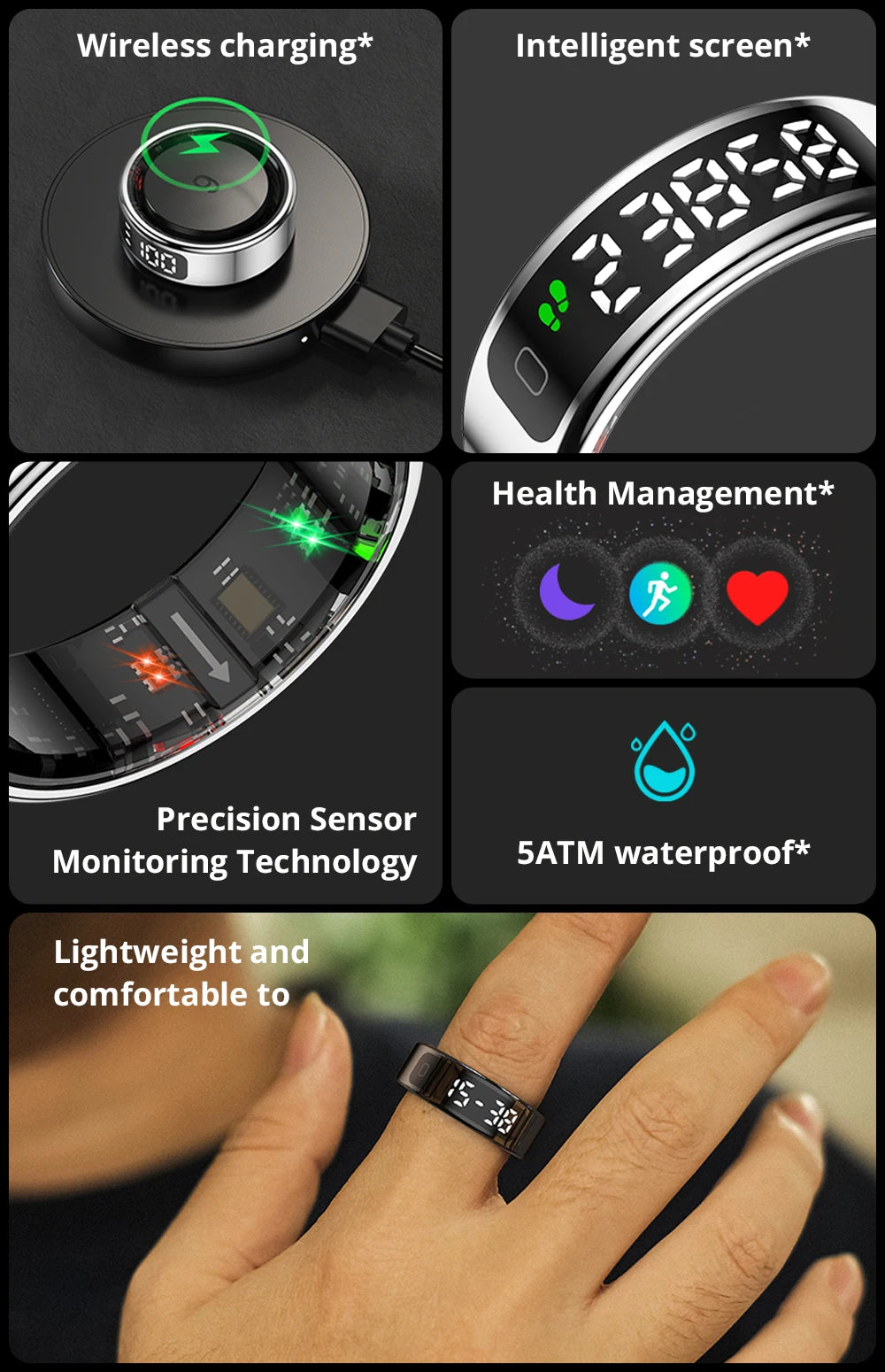 Premium Smart Ring with Touch Display – Activity Tracking Ring with Wireless Charging, 5ATM Waterproof Design for Men and Women