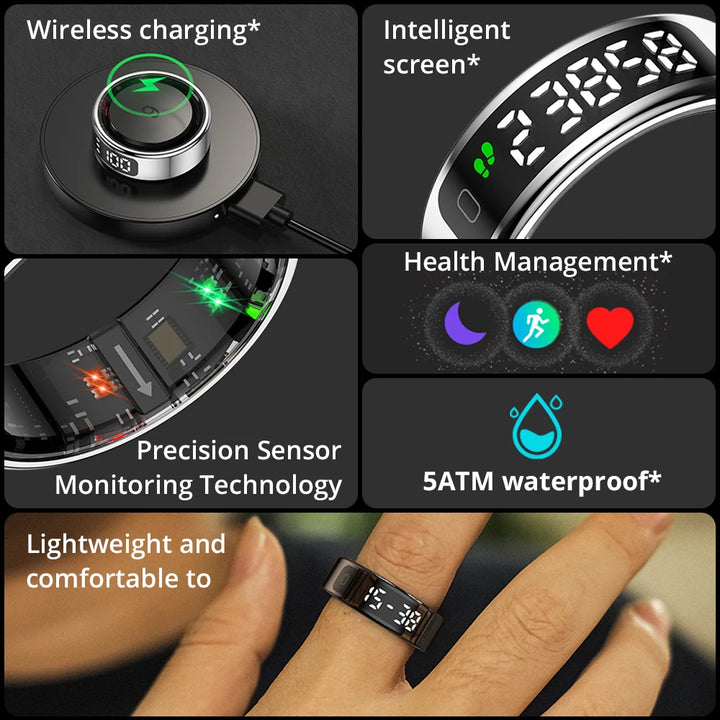 Premium Smart Ring with Touch Display – Activity Tracking Ring with Wireless Charging, 5ATM Waterproof Design for Men and Women