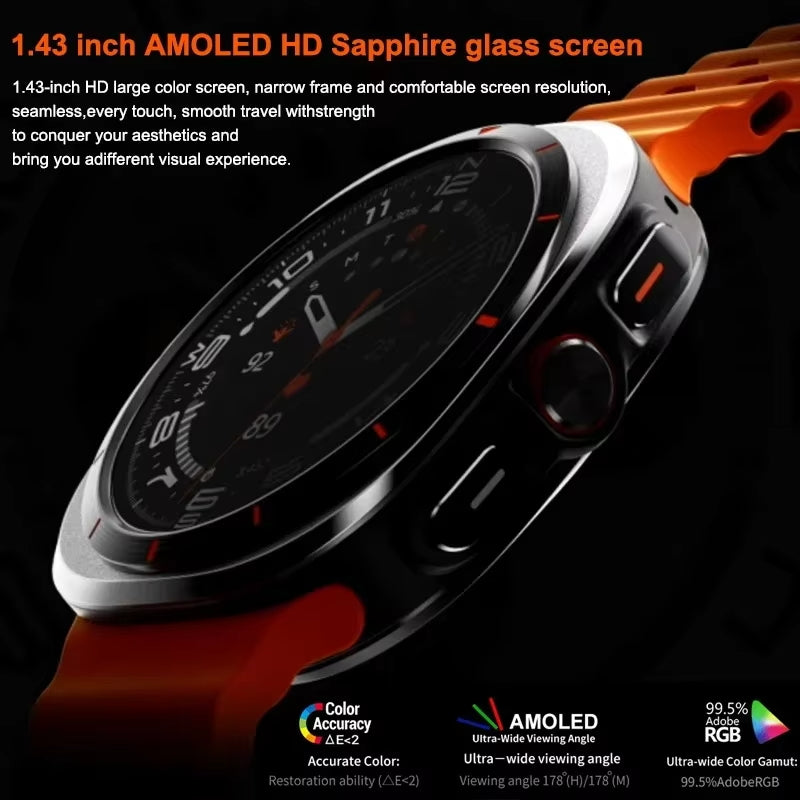 Premium Smartwatch for Men and Women – 1.43" AMOLED Display, IP68 Waterproof, Bluetooth Calling, Heart Rate, Blood Oxygen, SpO2, Compass, NFC, Fitness Tracking, Remote Camera, Multi-Sport Modes