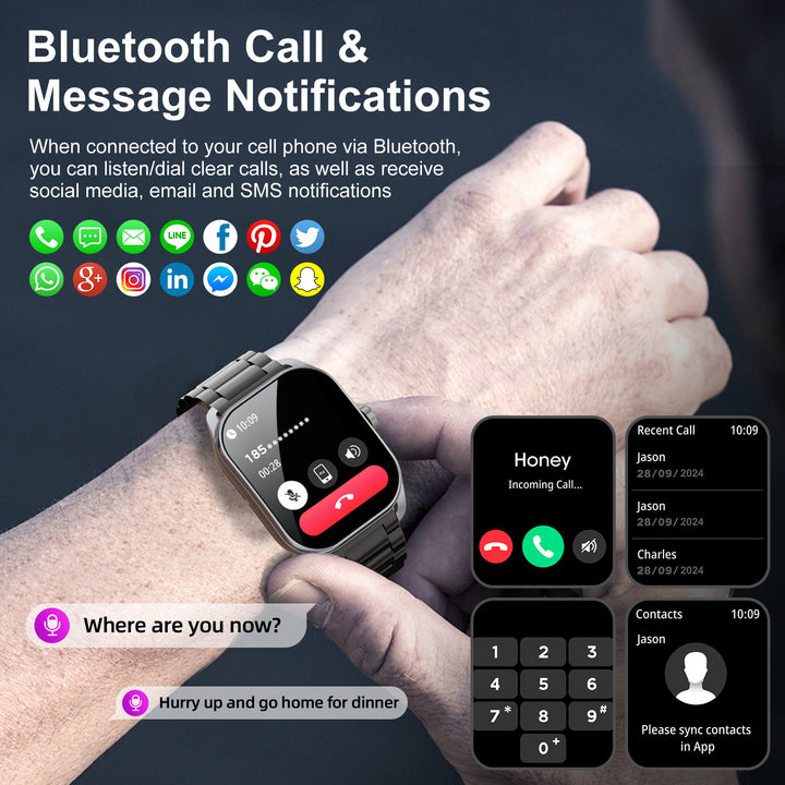 Premium Smartwatch for Men and Women – 2.01" Curved Screen, IP68 Waterproof, Bluetooth Calling, Heart Rate, SpO2, Sleep Monitoring, Sports Modes, Music Control, AI Voice, Fitness Tracker