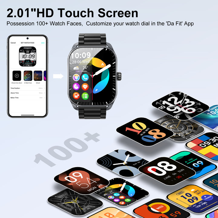 Premium Smartwatch for Men and Women – 2.01" Curved Screen, IP68 Waterproof, Bluetooth Calling, Heart Rate, SpO2, Sleep Monitoring, Sports Modes, Music Control, AI Voice, Fitness Tracker
