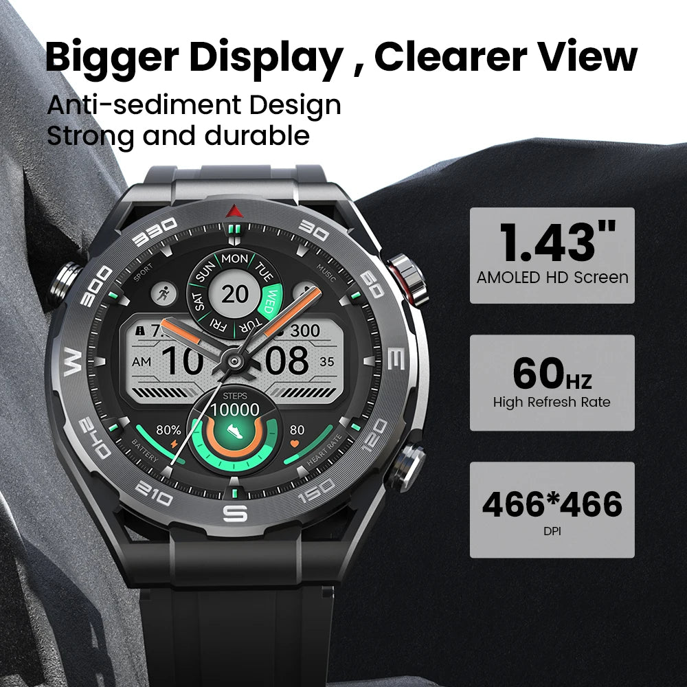 Premium Smartwatch with 1.43" AMOLED Display – GPS, 5ATM Water Resistance, 21-Day Battery Life, 100+ Sports Modes, Bluetooth 5.3, AI Voice Assistant, Wireless Charging, Global Version