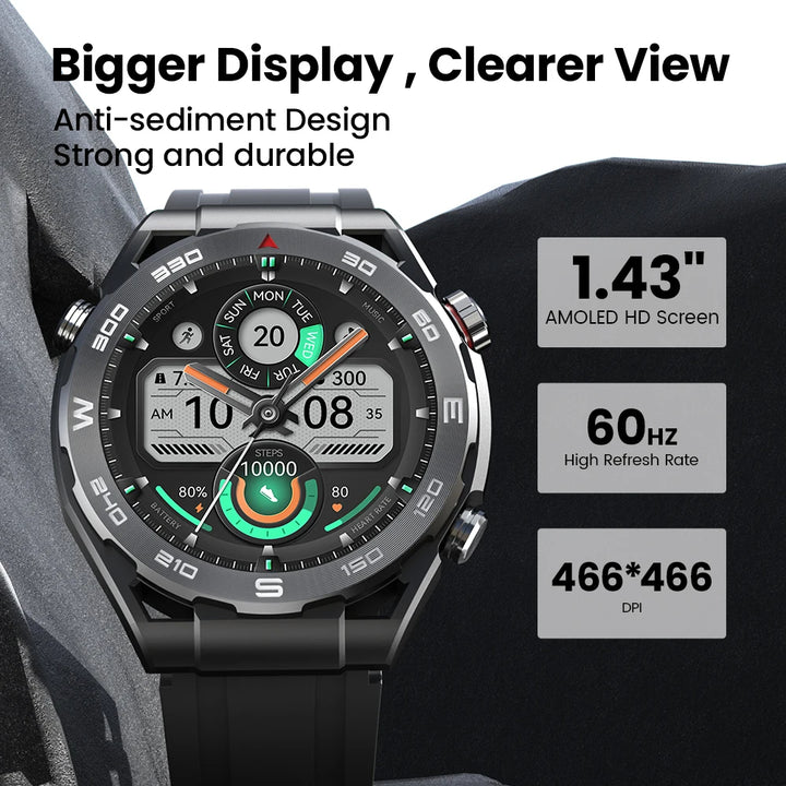 Premium Smartwatch with 1.43" AMOLED Display – GPS, 5ATM Water Resistance, 21-Day Battery Life, 100+ Sports Modes, Bluetooth 5.3, AI Voice Assistant, Wireless Charging, Global Version