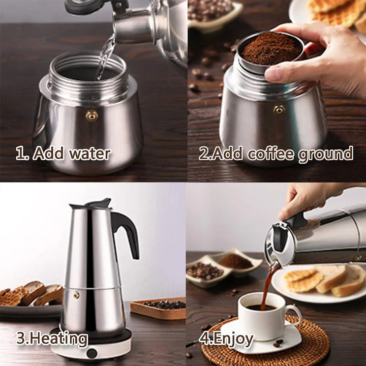 Premium Stainless Steel Moka Pot – 4 6 9 Cup Stovetop Espresso Coffee Maker