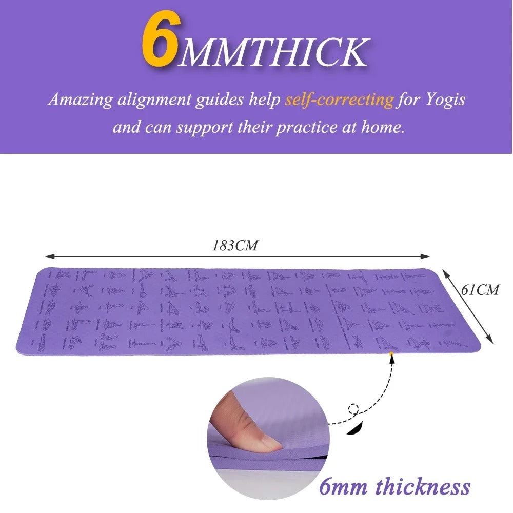 Premium TPE Yoga Mat – 183x61cm Anti-Skid Exercise & Pilates Mat – Eco-Friendly, Durable, Anti-Tear, Non-Slip with Yoga Pose & Position Line Printing – Ideal for Fitness, Gym, & Camping