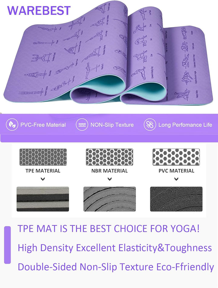 Premium TPE Yoga Mat – 183x61cm Anti-Skid Exercise & Pilates Mat – Eco-Friendly, Durable, Anti-Tear, Non-Slip with Yoga Pose & Position Line Printing – Ideal for Fitness, Gym, & Camping