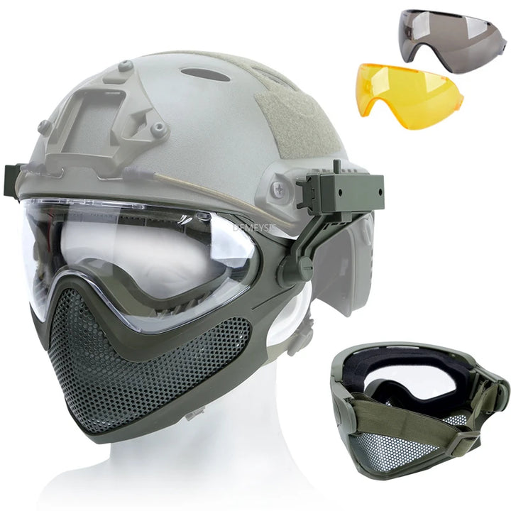 Premium Tactical FAST Helmet Half Face Mask with Flip Goggles – Hunting, Airsoft, Paintball Mask, Helmet Accessories for Shooting & Tactical Gear