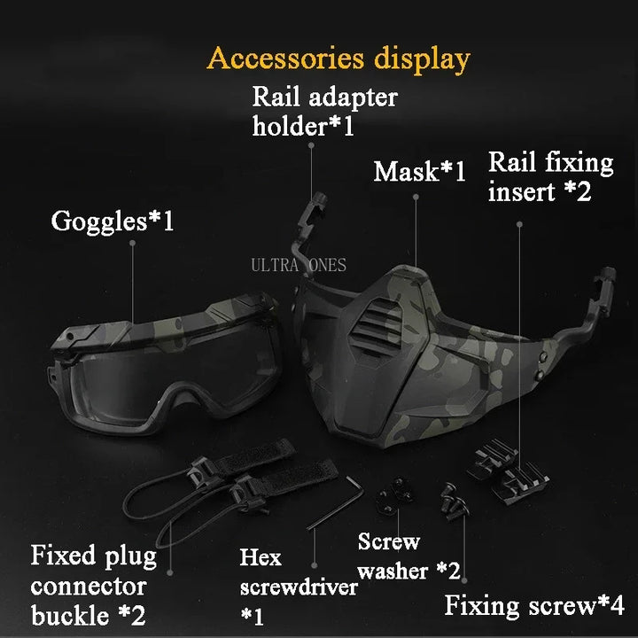 Premium Tactical FAST Helmet Half Face Mask with Flip Goggles – Hunting, Airsoft, Paintball Mask, Helmet Accessories for Shooting & Tactical Gear