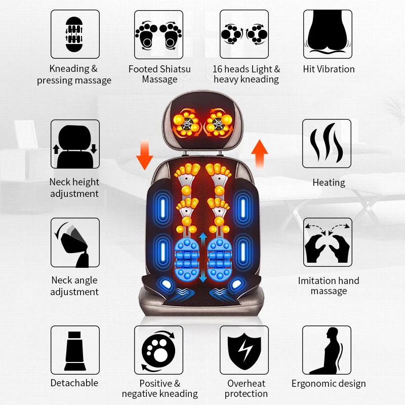 Premium Vibrating Electric Massage Chair Cushion – Heated Neck and Back Muscle Stimulator with Remote Control, Fatigue Relief for Home or Office, Ideal Gift, Compatible with US, UK, EU Plugs