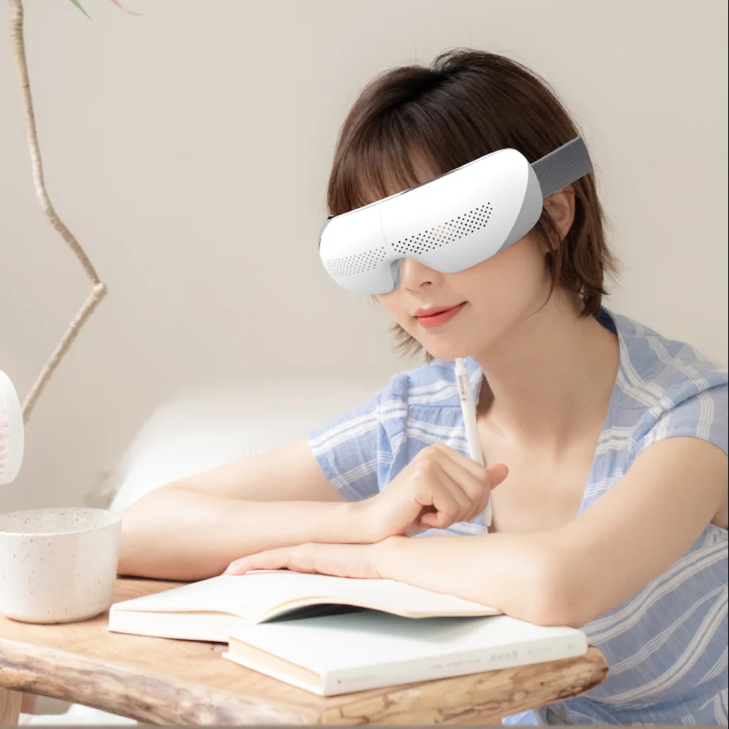 Premium Visible Eye Massager with Heat – Bluetooth Music, Air Pressure, Relaxation for Migraines, Reduce Eye Strain, Dark Circles, Eye Bags, Improve Sleep, 180° Foldable, Soft Leather Padding