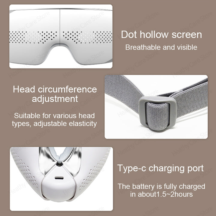 Premium Visible Eye Massager with Heat – Bluetooth Music, Air Pressure, Relaxation for Migraines, Reduce Eye Strain, Dark Circles, Eye Bags, Improve Sleep, 180° Foldable, Soft Leather Padding