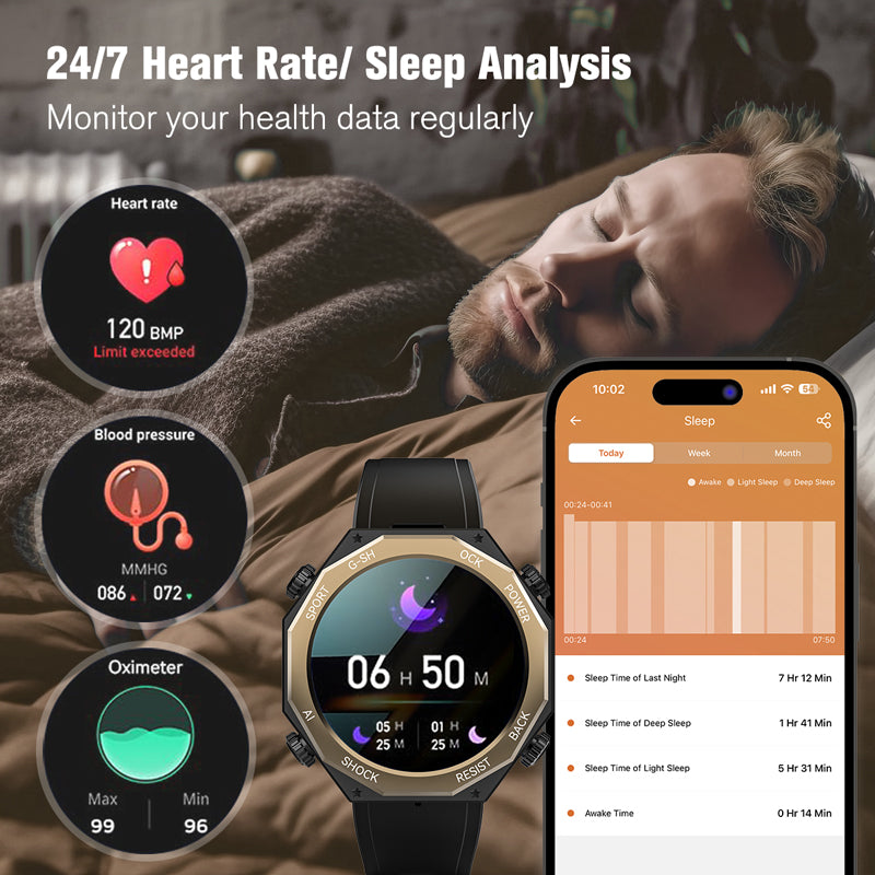 Premium Waterproof Smartwatch for Men & Women – 1.47" AMOLED Display, 70 Sports Modes, Heart Rate & Blood Pressure Monitor, Sleep Tracker, Military Certified, 10ATM, IP69K, Bluetooth 5.1, Fitness Tracker for Android & iOS