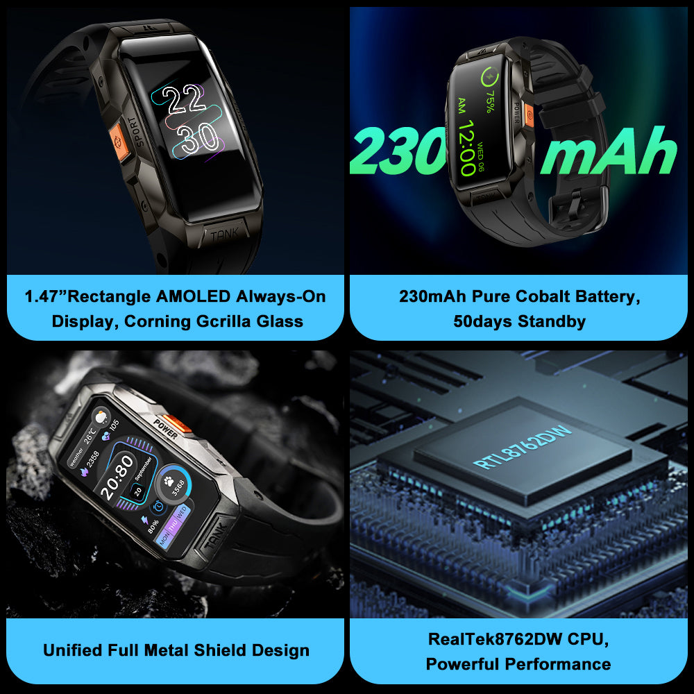 Premium Waterproof Smartwatch for Men & Women – 1.47" AMOLED Display, 70 Sports Modes, Heart Rate & Blood Pressure Monitor, Sleep Tracker, Military Certified, 10ATM, IP69K, Bluetooth 5.1, Fitness Tracker for Android & iOS