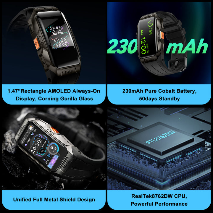 Premium Waterproof Smartwatch for Men & Women – 1.47" AMOLED Display, 70 Sports Modes, Heart Rate & Blood Pressure Monitor, Sleep Tracker, Military Certified, 10ATM, IP69K, Bluetooth 5.1, Fitness Tracker for Android & iOS