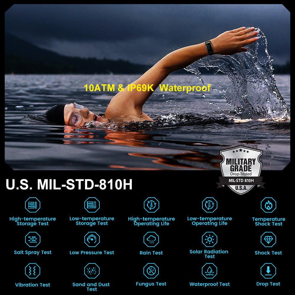 Premium Waterproof Smartwatch for Men & Women – 1.47" AMOLED Display, 70 Sports Modes, Heart Rate & Blood Pressure Monitor, Sleep Tracker, Military Certified, 10ATM, IP69K, Bluetooth 5.1, Fitness Tracker for Android & iOS