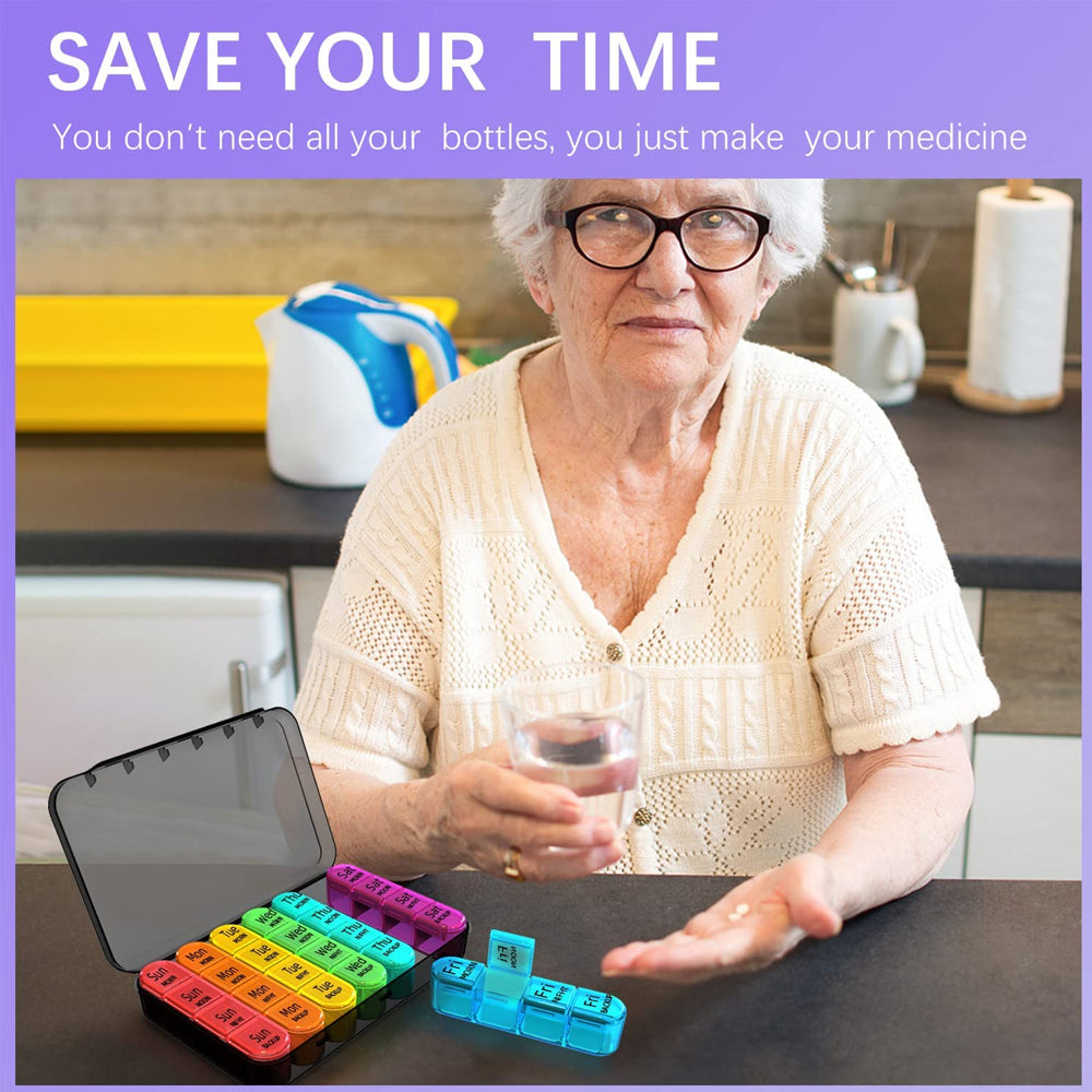 Premium Weekly Pill Organizer – 3 Times a Day, 7-Day Pill Box, 21 Grids for Medicine, Vitamins, Supplements, Travel-Friendly, Easy Open Design, Double Protection for Elderly and Memory Loss