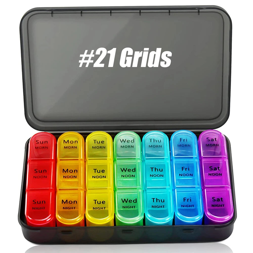 Premium Weekly Pill Organizer – 3 Times a Day, 7-Day Pill Box, 21 Grids for Medicine, Vitamins, Supplements, Travel-Friendly, Easy Open Design, Double Protection for Elderly and Memory Loss