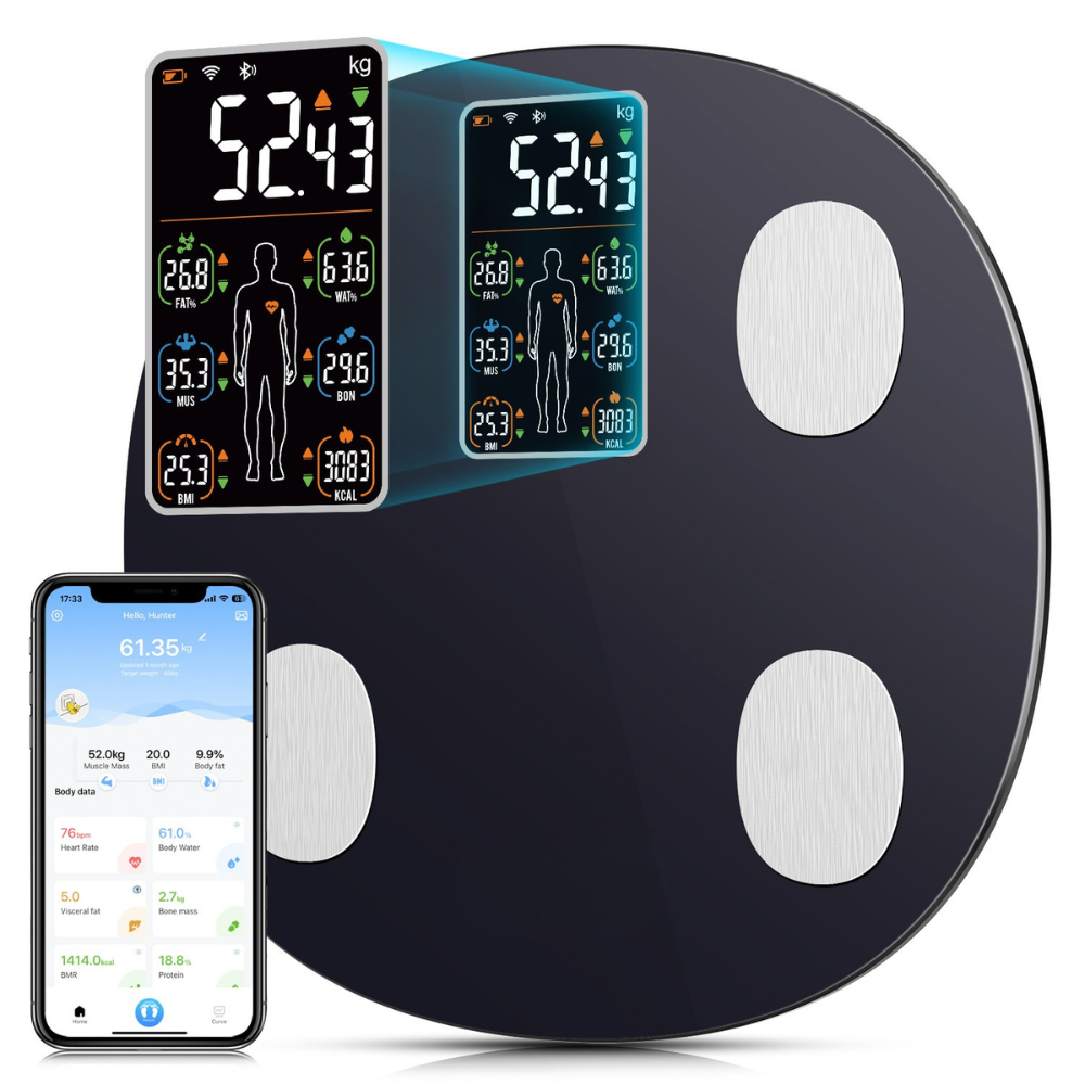 Premium Smart Body Weight Scale – Bluetooth Digital Scale with Large LCD Display, Tracks BMI, Body Fat, Muscle Mass, Heart Rate, and More, Syncs with Fitness Apps, 180kg Capacity