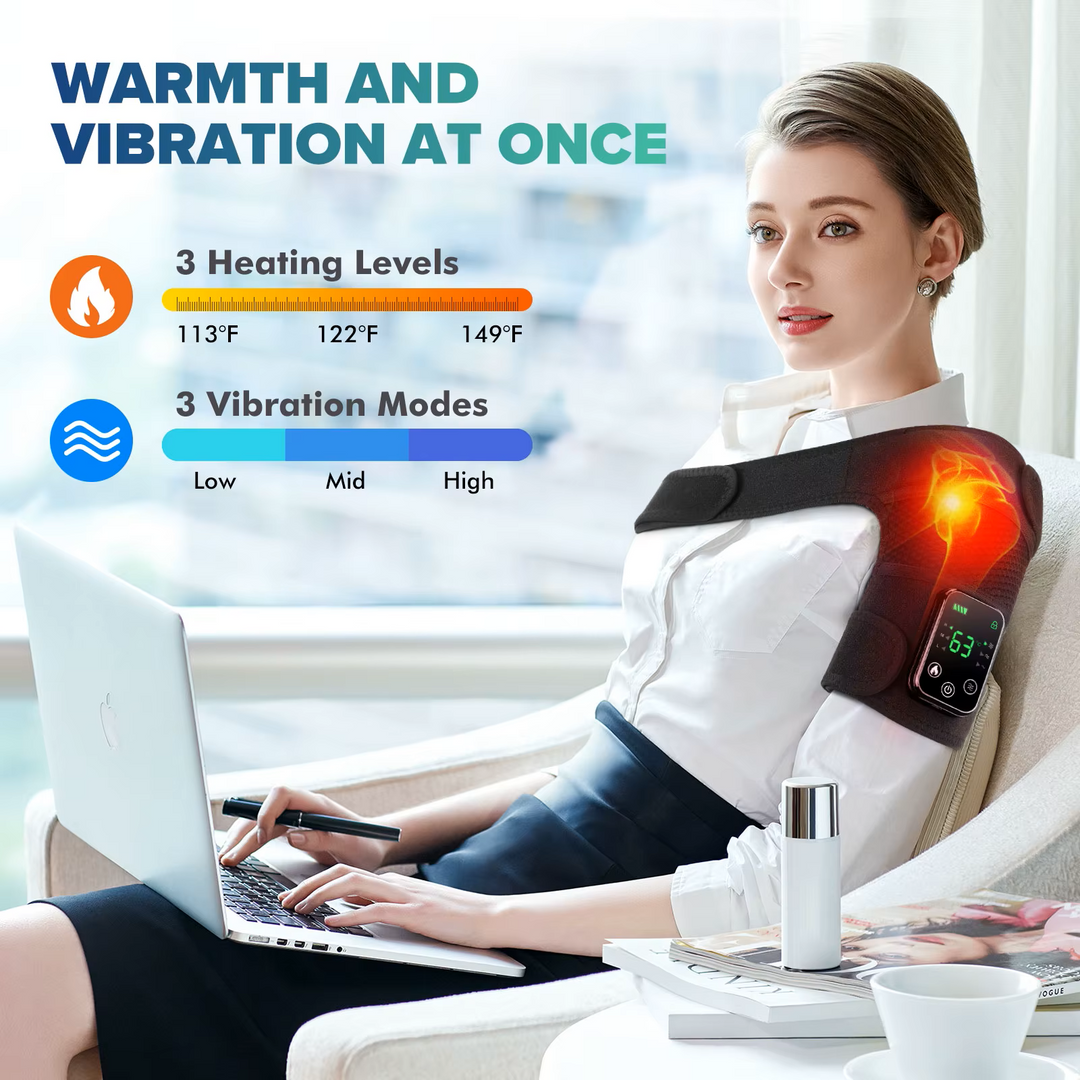 Premium Electrically Heated Shoulder Pads - USB Charging, 3 Heating Levels, 5000mAh Battery, Vibration Massage Device for Pain Relief and Muscle Relaxation - StrengthXPhysiotherapy