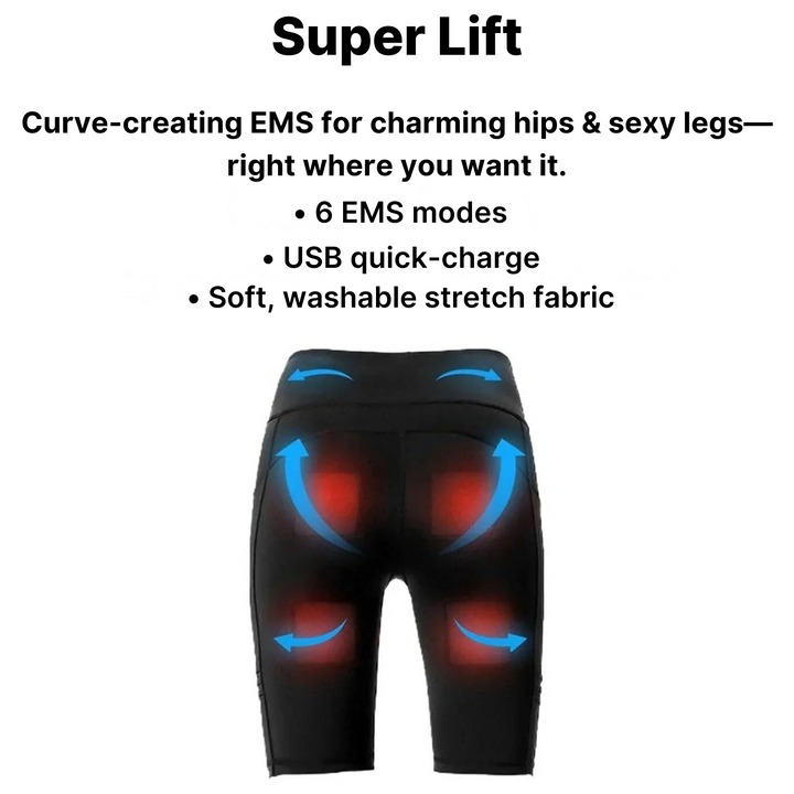 Black shorts with EMS technology on a white background, featuring text about the product's features.