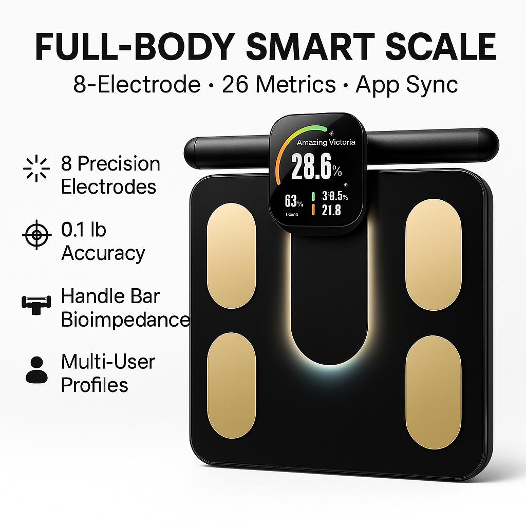 Full-body smart scale with digital display and features listed on a white background
